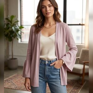Pointelle Dusty Mauve Bell Sleeve Cardigan - Open Front - Soft Knit - Size M